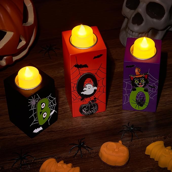 3 PCS Halloween Wood Candle Holders with LED Tea Lights &#x26; 3D Carving Craft, Wood Candle Centerpieces for Home, Table, Office, Tiered Tray, D&#xE9;cor, Black Orange Purple