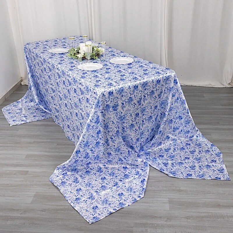 90&#x22; x 156&#x22; White Blue Floral Satin Rectangular Tablecloth Party Home Decorations