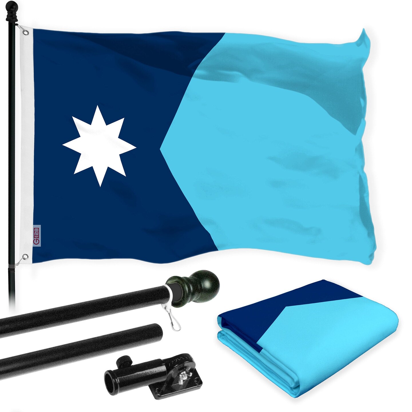 G128 Combo Pack: 6 Ft Tangle Free Aluminum Spinning Flagpole (Black) &#x26; Minnesota New Version MN State Flag  | 3x5 Ft | LiteWeave Pro Series Printed 150D Polyester | Pole with Flag Included