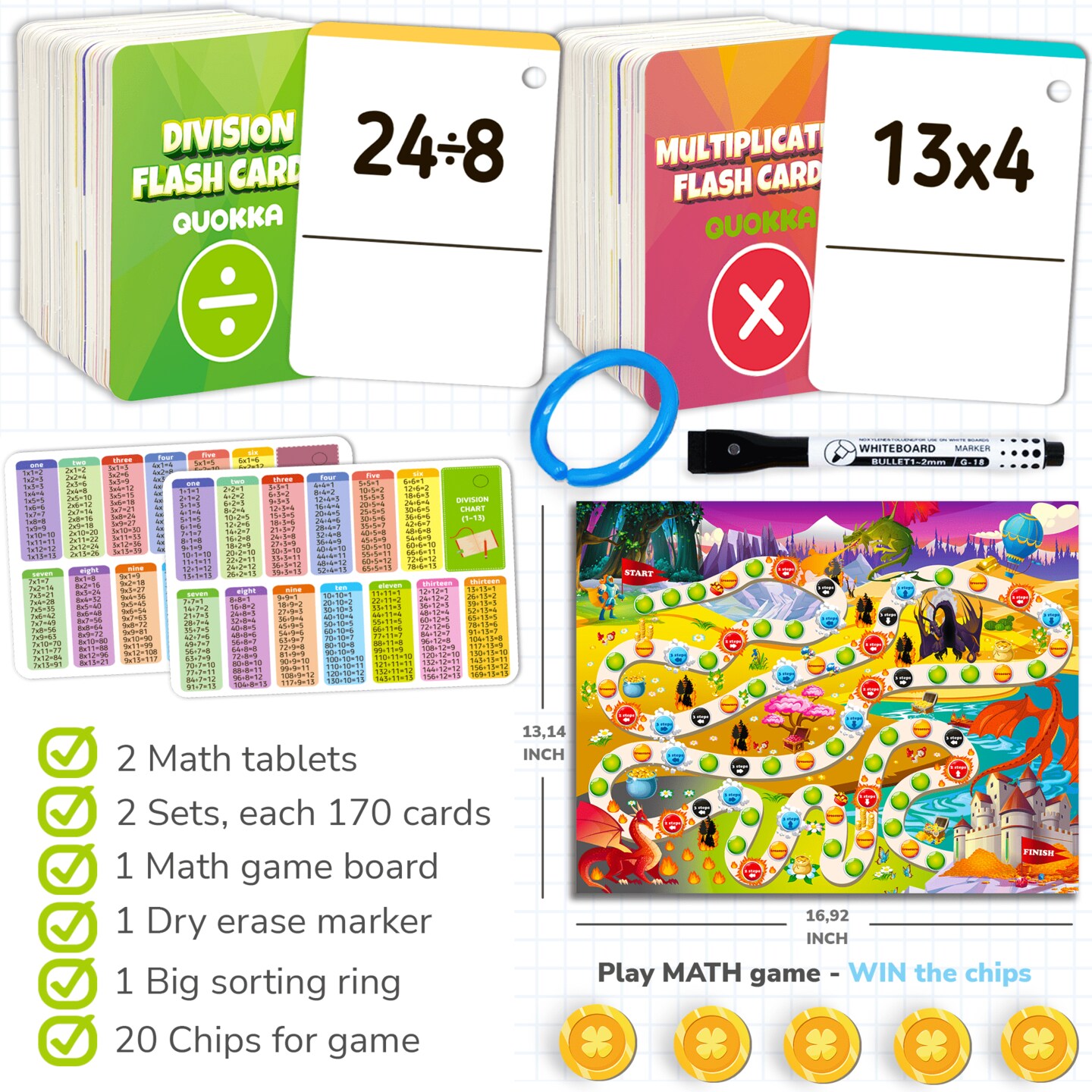 QUOKKA Math Games for Kids  | 340 Multiplication Division Flashcards