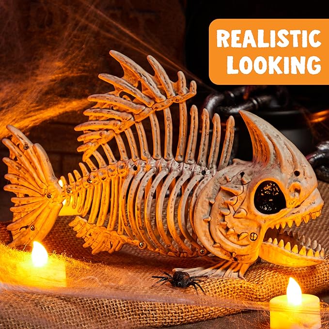 2 PCS 9.5 Halloween Poseable Fish Skeleton Decor, Animal Plastic Bones with Posable Joints for Halloween Indoor Outdoor Decorations Party Props, Yard Patio Lawn Garden Props Decor