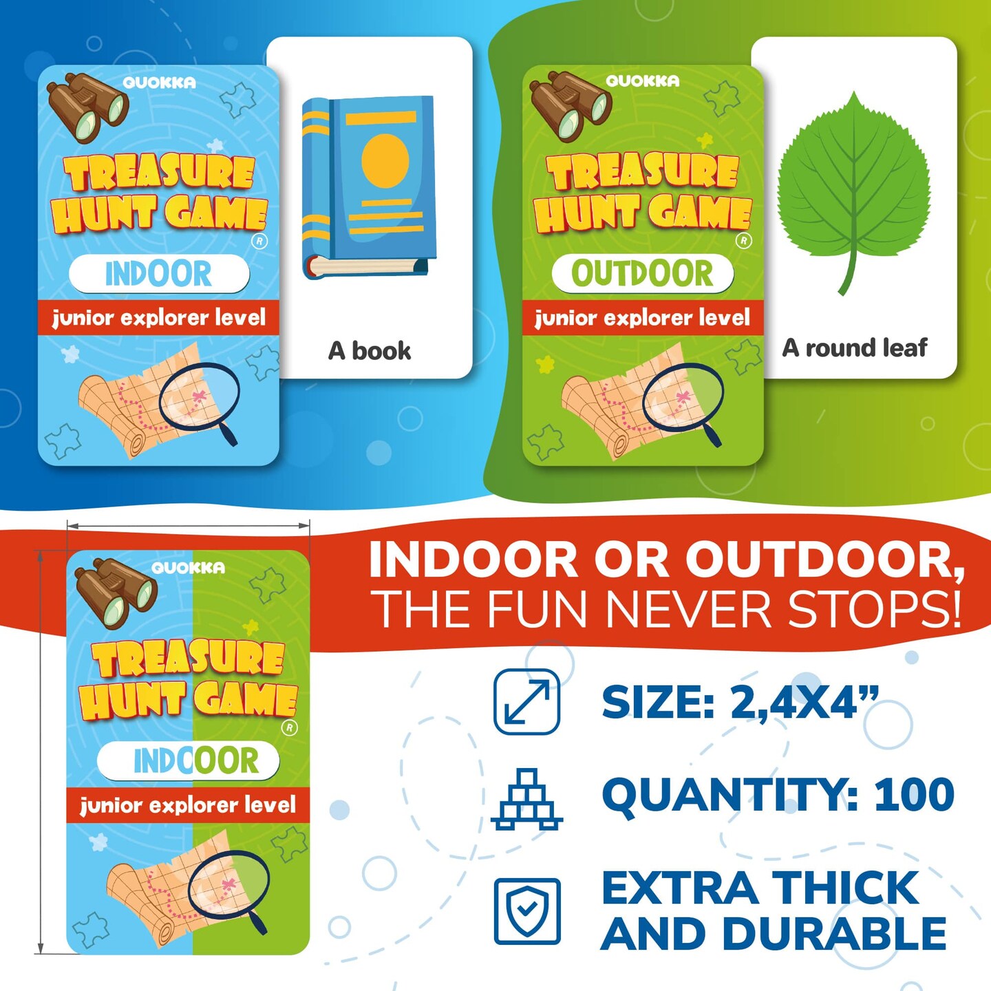 QUOKKA Scavenger Hunt for Kids Ages 4-8 - Treasure Hunting Outdoor Games for Kids 8-12 - 2 Walkie Talkies | 2 Bags | 200 Outdoor &#x26; Indoor Cards | 3 Bracelets