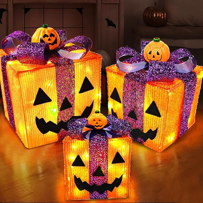 Pumpkin Decorations with 60 LED Lights Battery Operated Jack-O-Lantern Gift Box Halloween Outdoor Yard Decor for Holiday Home Indoor Garden Party Favors