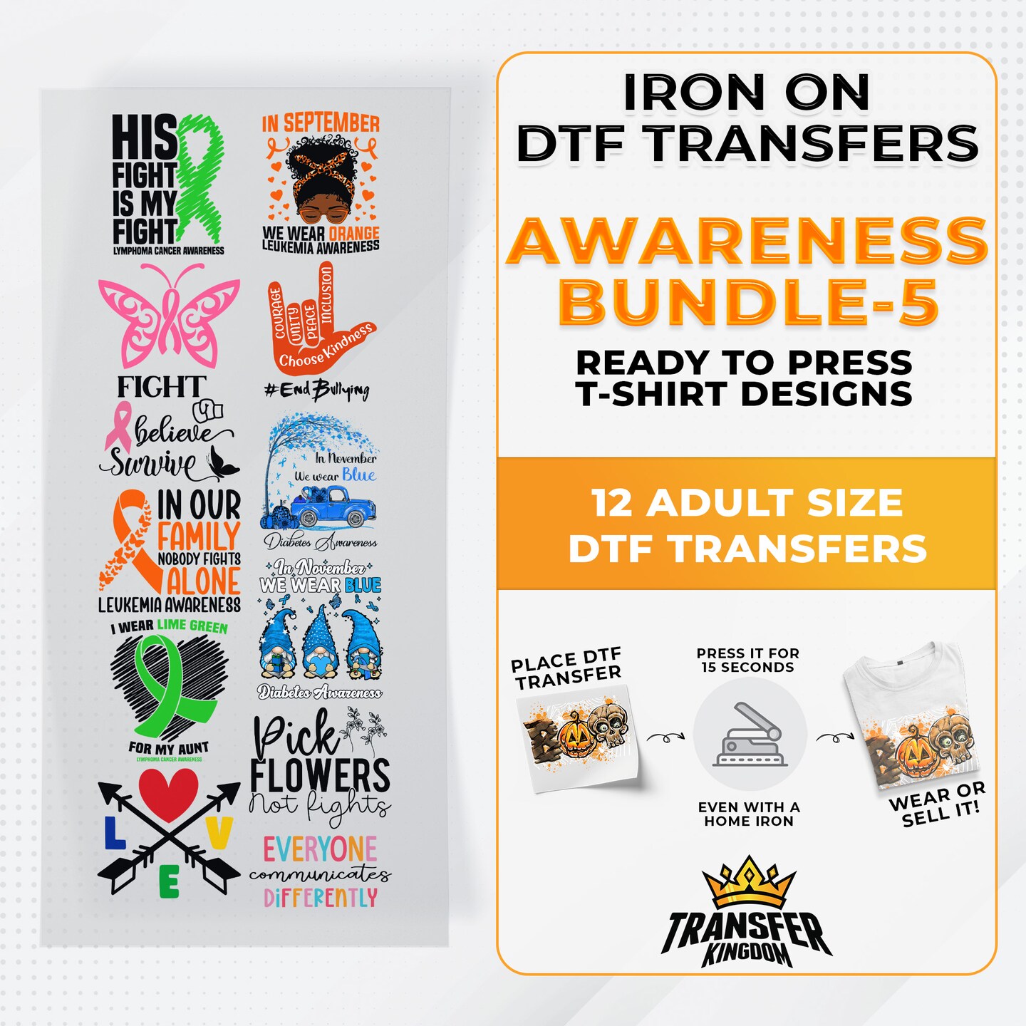 Iron on DTF Transfer Awareness Month Bundle 5 - 12 Best Seller T-shirt Designs Ready To Press