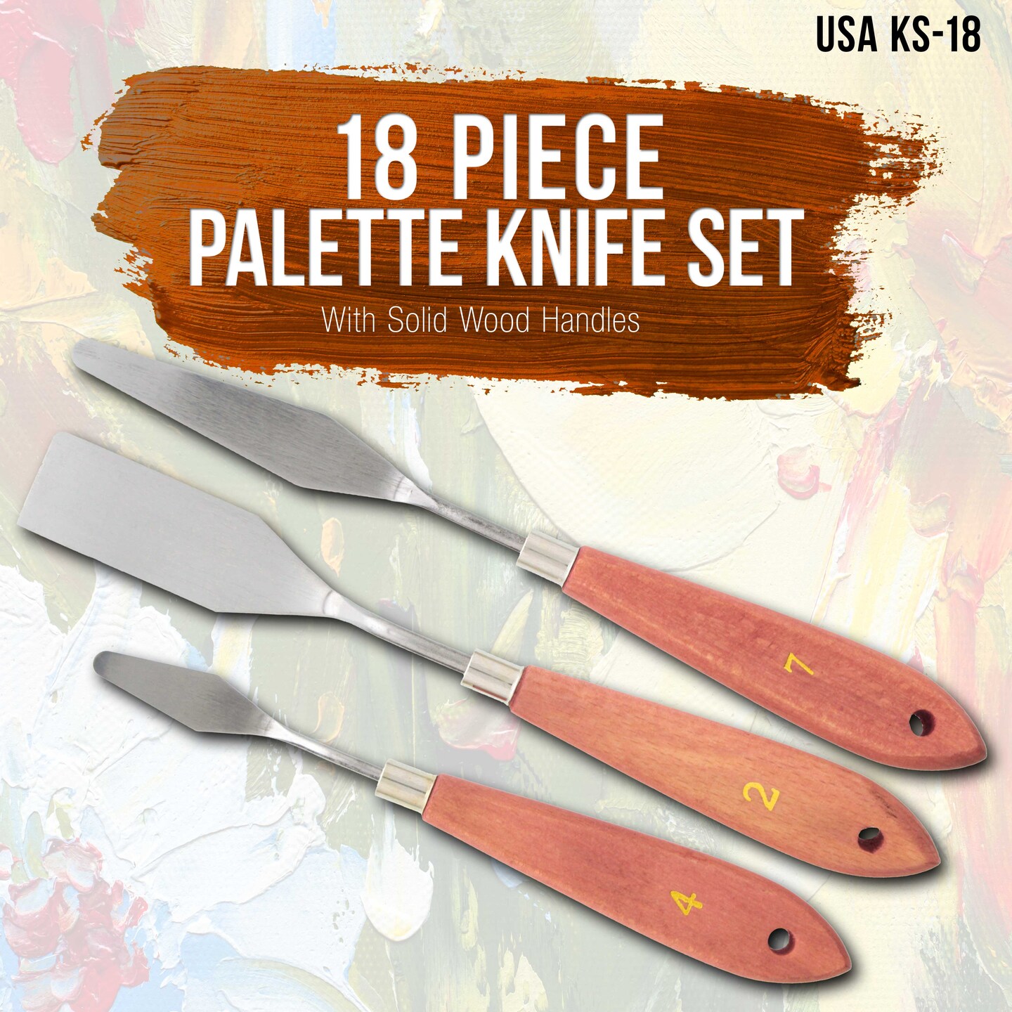 U.S. Art Supply 18-Piece Stainless Steel Palette Knife Set - Spatula Painting Knives to Mix, Spread, Apply Oil &#x26; Acrylic Paint on Canvases, Cake Icing