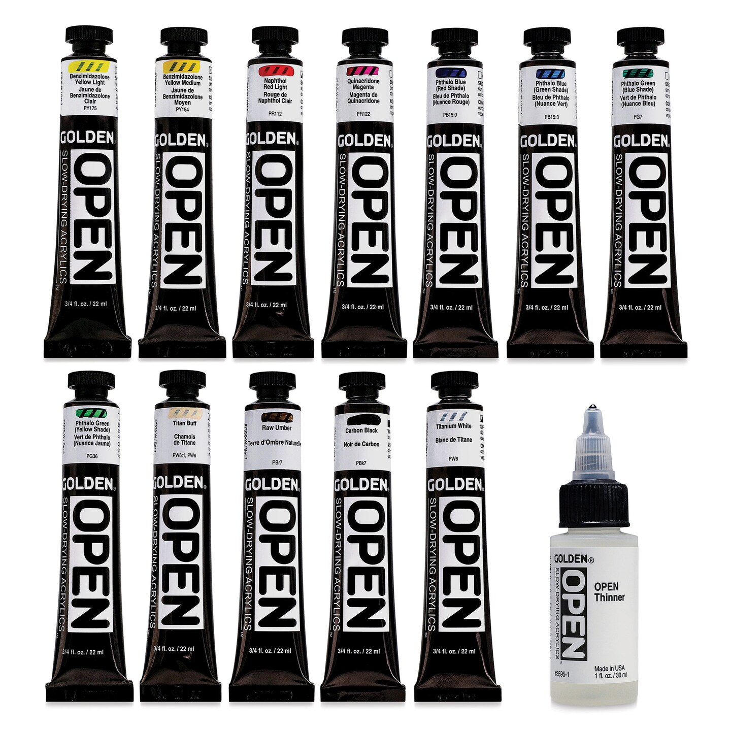 Golden Open Acrylics - Mixing Colors, Set of 12 with Thinner, 22 ml
