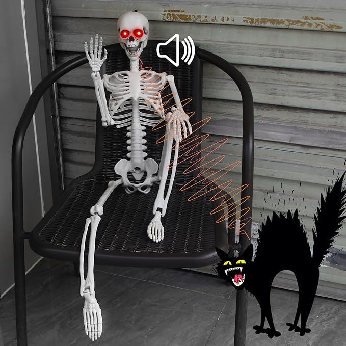 Halloween Hanging Posable Skeleton - 3FT Halloween Prop Skull with LED Glowing Eyes and Creepy Shrilling Sound - Sound Activated Outdoor Halloween Decorations Skeleton Decoration