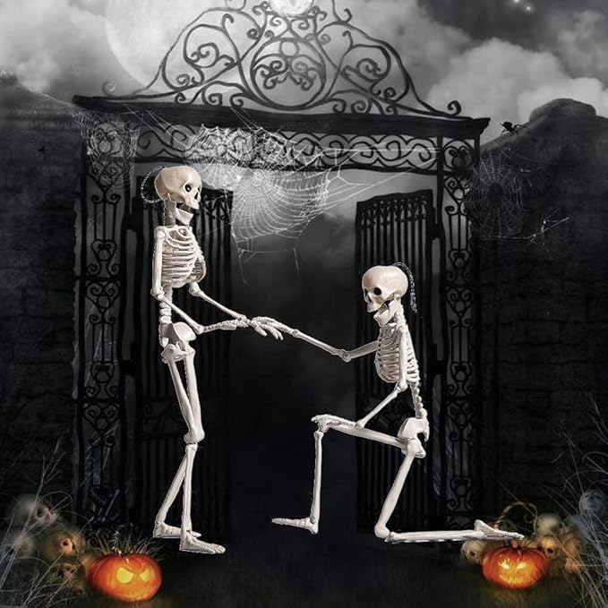 2 Pack 24 Inches Halloween Skeleton, Light Up Glowing Red LED Eyes Pose-N-Stay Skeleton, Full Body Posable Movable Jonints for Halloween Decoration