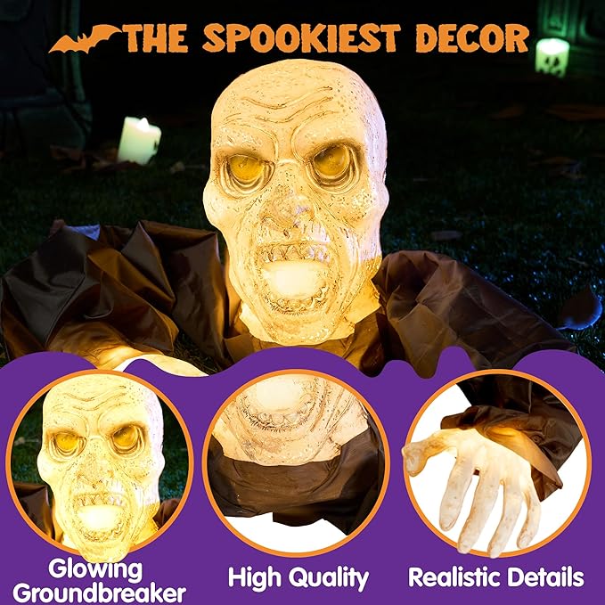Groundbreaker, Outside Halloween Light Up Zombies Decor, Halloween Groundbreaker Lighted Decorations, Scary Zombie Prop for Graveyard Lawn Yard Haunted House