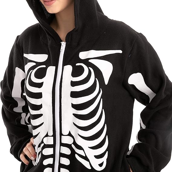 Skeleton Costume, Unisex Adult Skeleton Pajamas Plush Skeleton Hoodie Halloween
