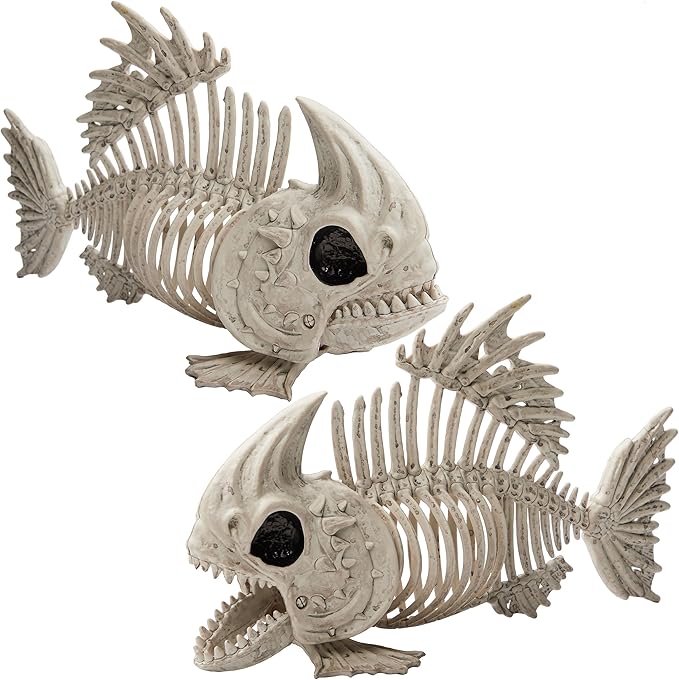 2 PCS 9.5 Halloween Poseable Fish Skeleton Decor, Animal Plastic Bones with Posable Joints for Halloween Indoor Outdoor Decorations Party Props, Yard Patio Lawn Garden Props Decor