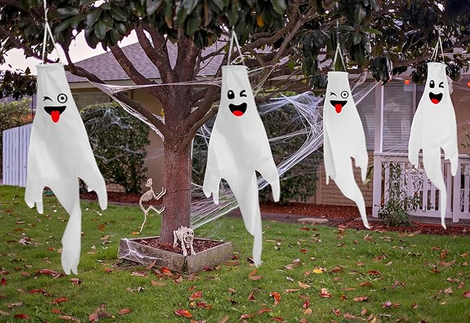 Cute Hanging Ghosts with Timer and LED Lights, Waterproof Outdoor Decor for Trees, Porch, and Yard (Batteries Not Included)