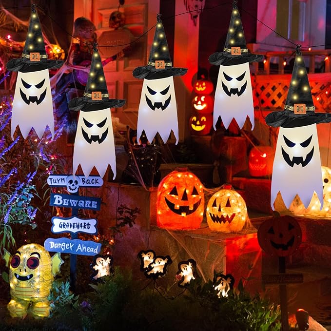 5 PCS Hanging Halloween Lighted Glowing Ghost Witch Hat Outdoor Ornaments,Halloween Decor for Halloween Party Indoor Outdoor Home Tree Garden Yard,Halloween Party Favors