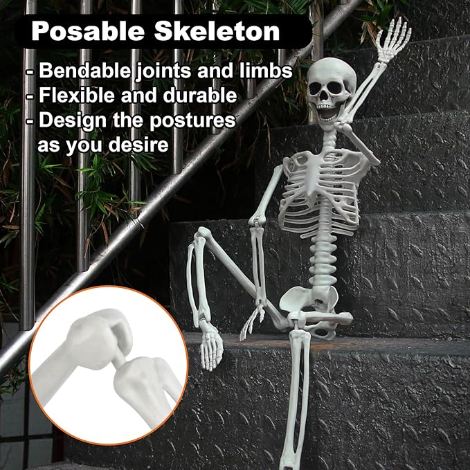 Halloween Hanging Posable Skeleton - 3FT Halloween Prop Skull with LED Glowing Eyes and Creepy Shrilling Sound - Sound Activated Outdoor Halloween Decorations Skeleton Decoration