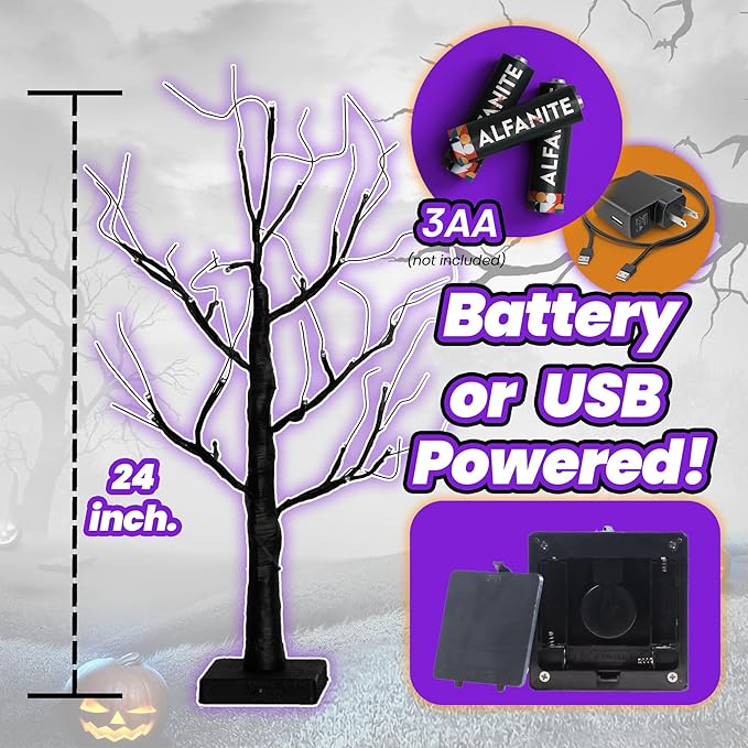 Tabletop Halloween Black Tree with Timer for Lighted Halloween Decorations Indoor Home Mantel Holiday Party Light up Halloween Decor (Purple 2 PK)