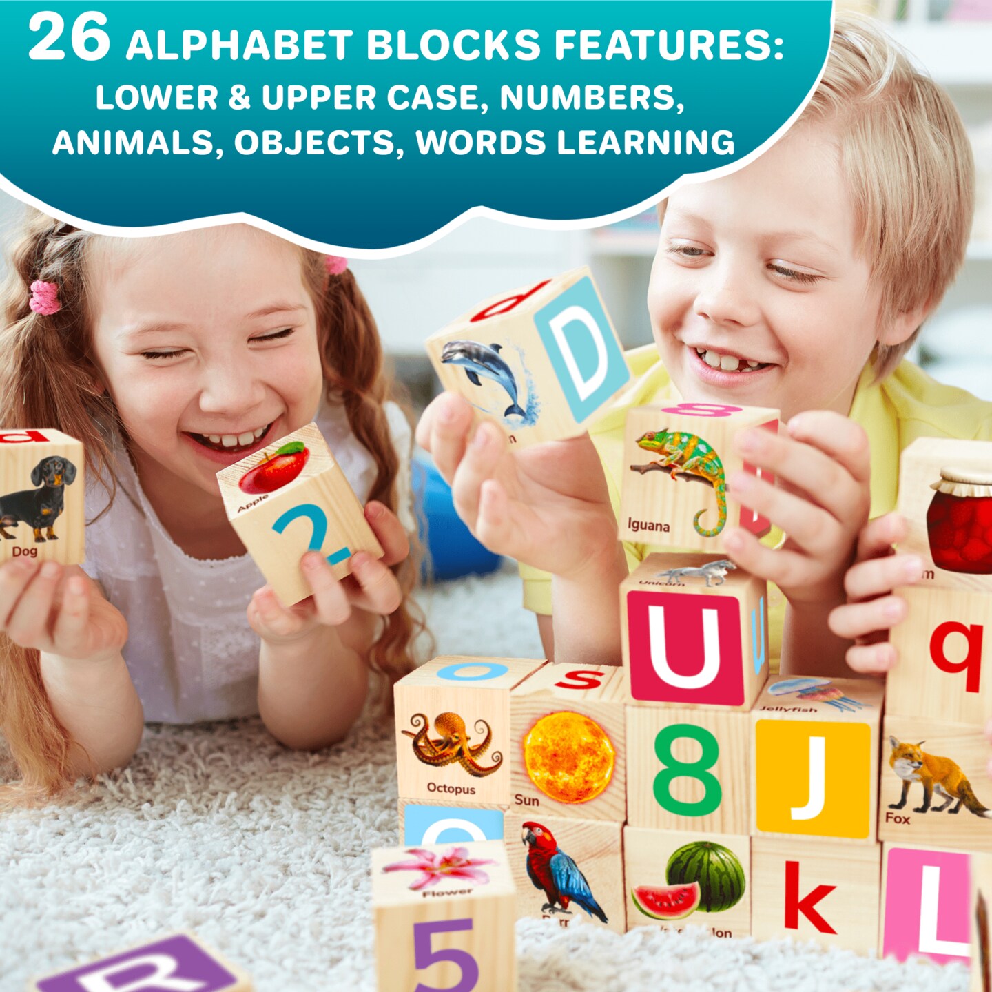 QUOKKA 35 Realistic ABC Montessori Wooden Blocks for Toddlers