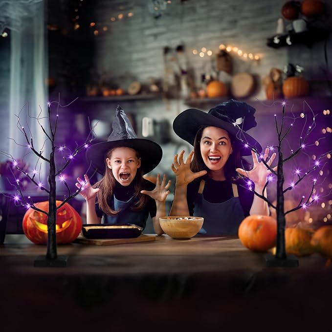 Tabletop Halloween Black Tree with Timer for Lighted Halloween Decorations Indoor Home Mantel Holiday Party Light up Halloween Decor (Purple 2 PK)