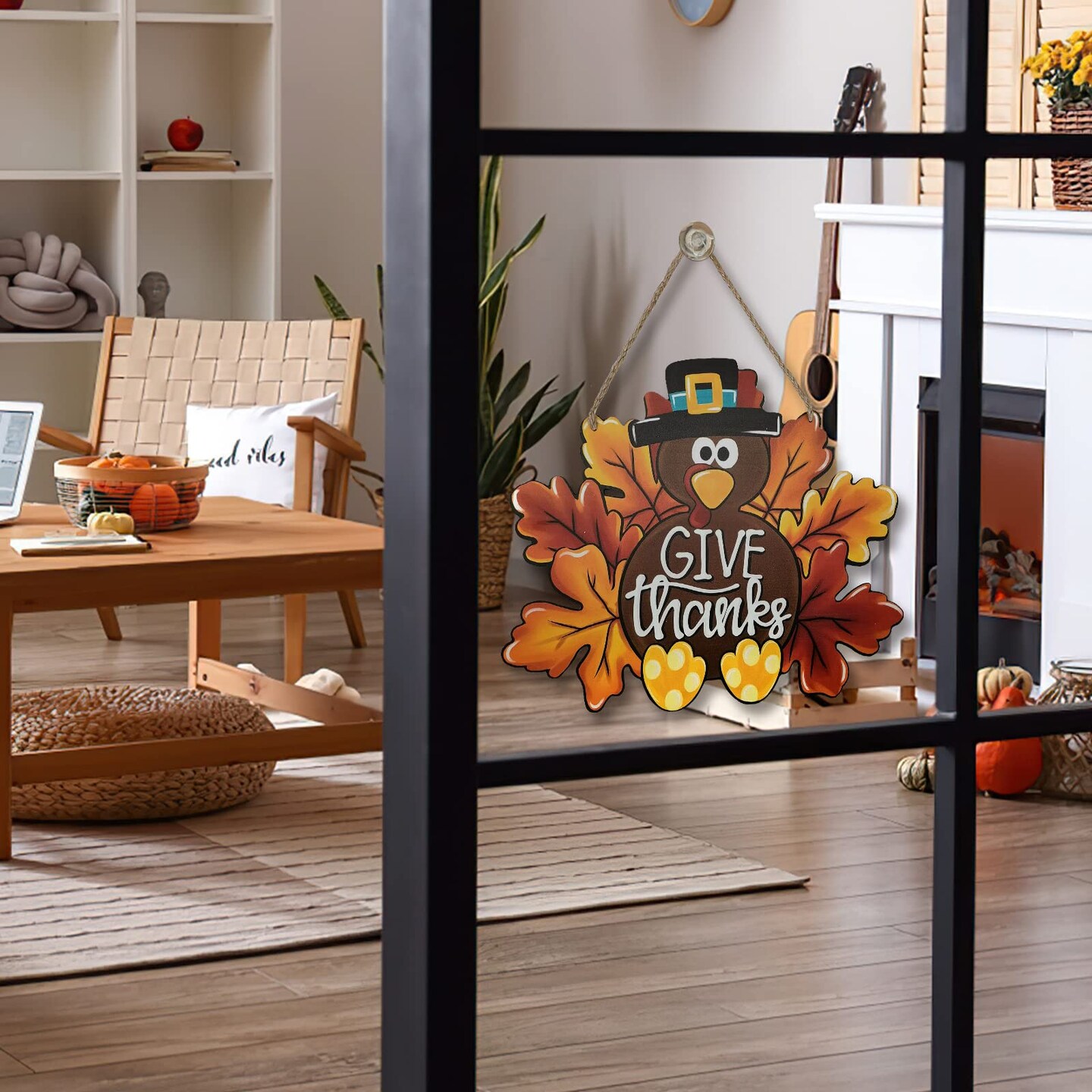 Deroro Give Thanks Sign Turkey Front Door Decor Thanksgiving Day Wood Door Hanger, Fall Wooden Thankful Wreath Hanging Decoration for Outdoor Outside Porch
