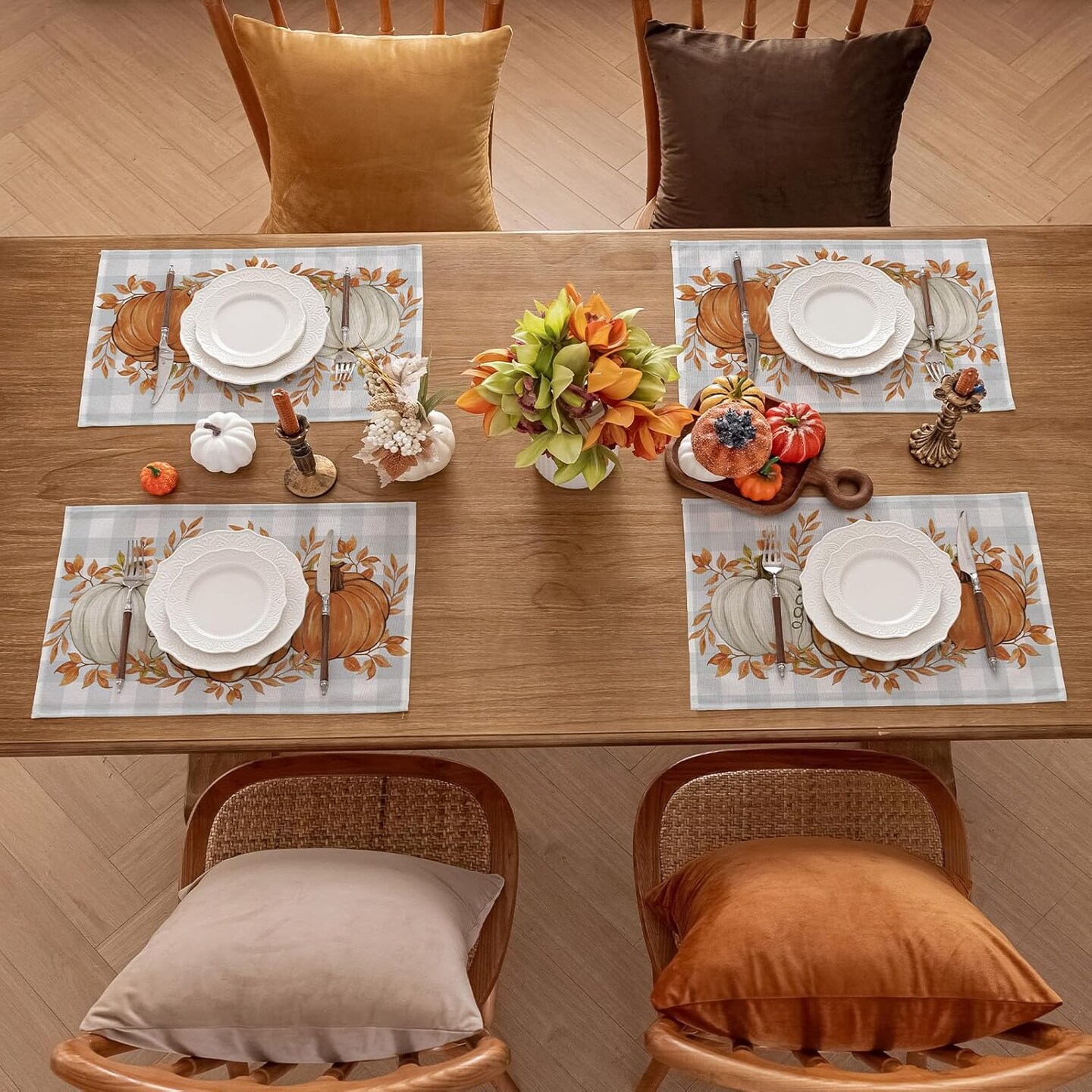 Set of 4 Pumpkin Grey and Blue Buffalo Plaid Placemats - 12 X 18 Inch