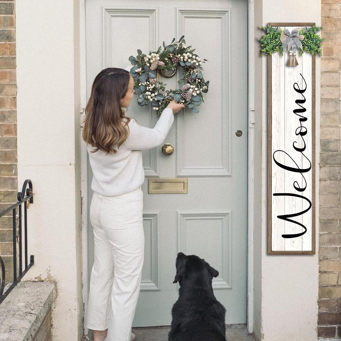 Welcome Sign for Front Porch Standing (Wood White)