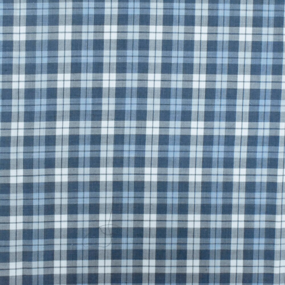 Blue-Navy-White Plaid Cotton Twill Woven Fabric By the Yard