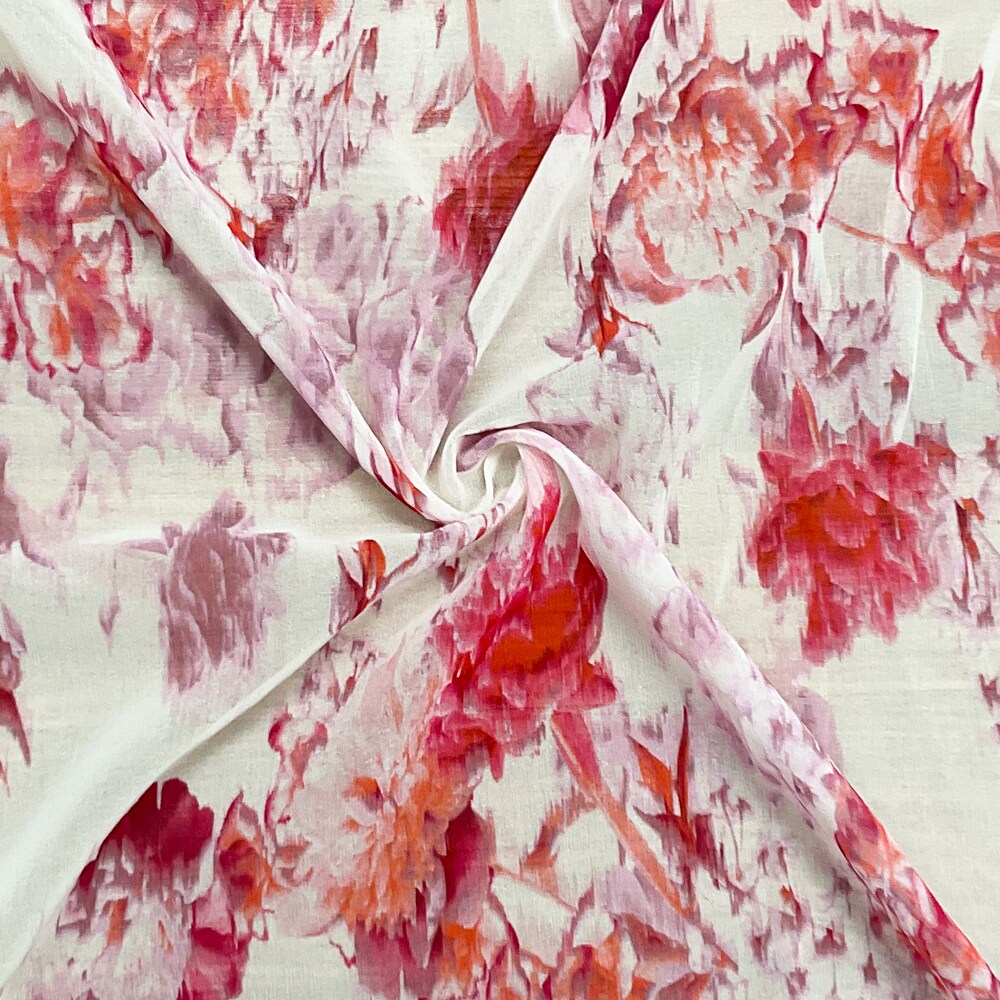 Ivory-Pink-Multi Poly Floral Printed Chiffon Woven Fabric By the Yard