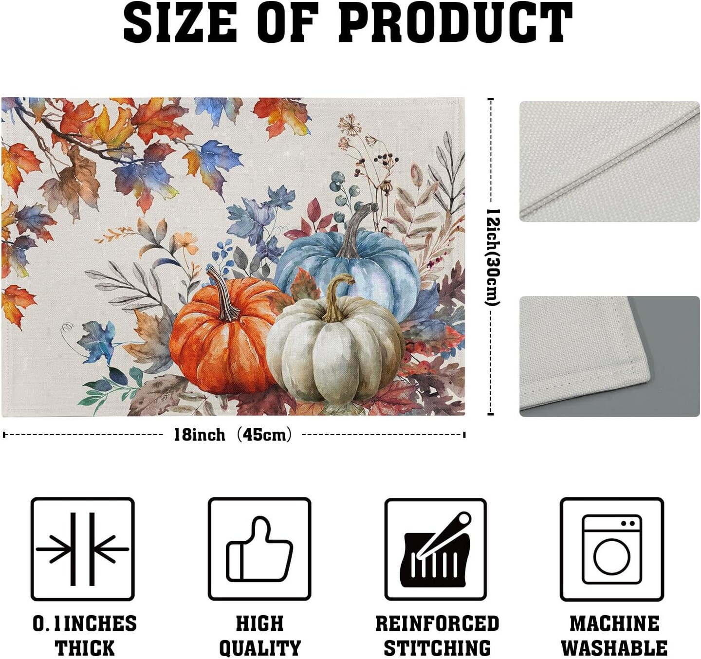 Set of 4 Blue and Orange Pumpkin Fall Placemats - 12 x 18 Inch