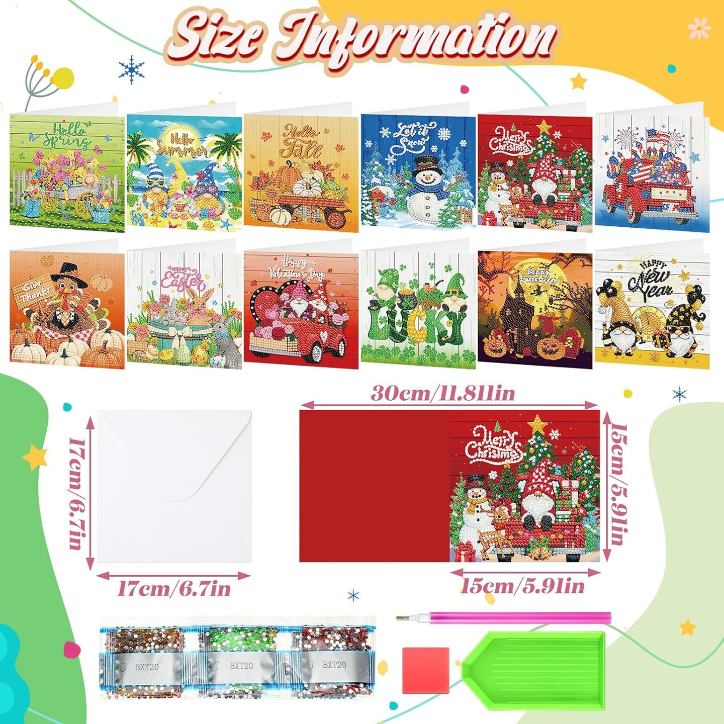 12-Pack Holiday Diamond Painting Greeting Card Kit – DIY 5D Rhinestone Seasonal Cards with Envelopes for Adults, Family & Friends
