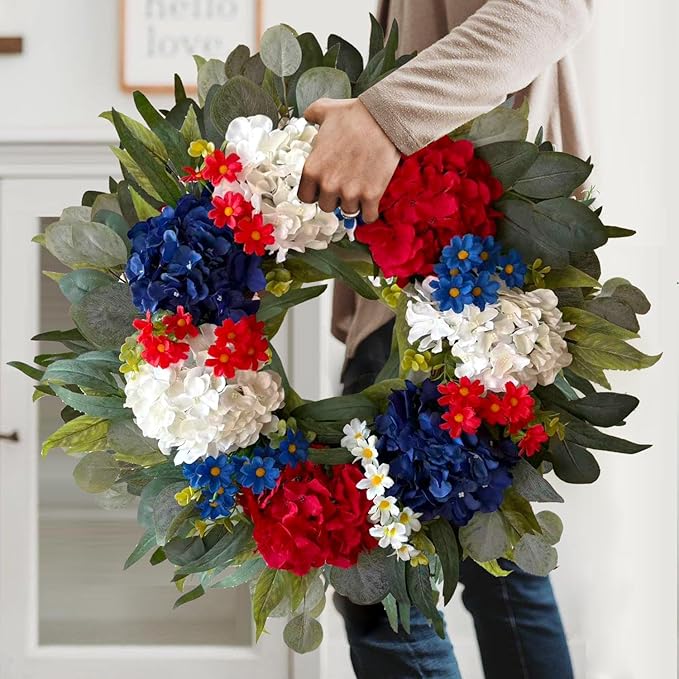 250th Year Patriotic Wreath Decorations, 24 Inch Hydrangea 4th of July Wreaths for Front Door, Red White Blue Spring Door Wreath for Independence Day, Memorial Day for Indoor Outdoor Decor