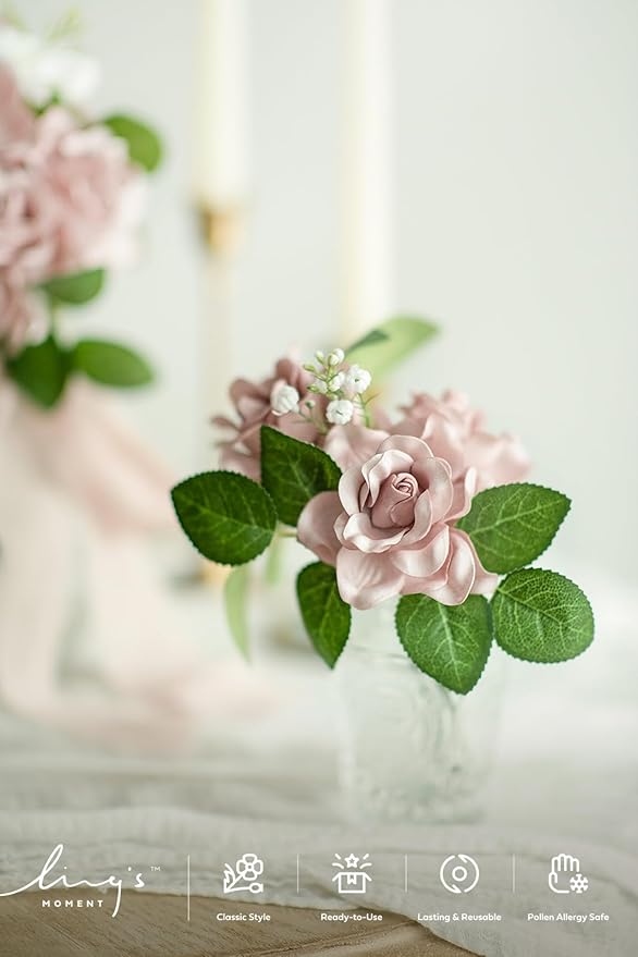 Flowers 25pcs Fake Gardenia Dusty Pink Rose Flowers Artificial Flowers with Stem, Fake Flower for DIY Wedding Decorations Centerpieces Bouquets Boutonnieres