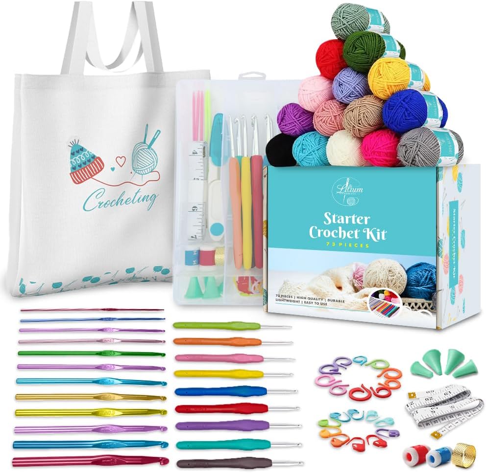 Starter Crochet Kit for Beginners & Adults – 73-Piece Set with 15 Vibrant Yarn Skeins, Ergonomic Hooks, Tote Bag & Organizer – Perfect Crochet & Knitting Starter Kit