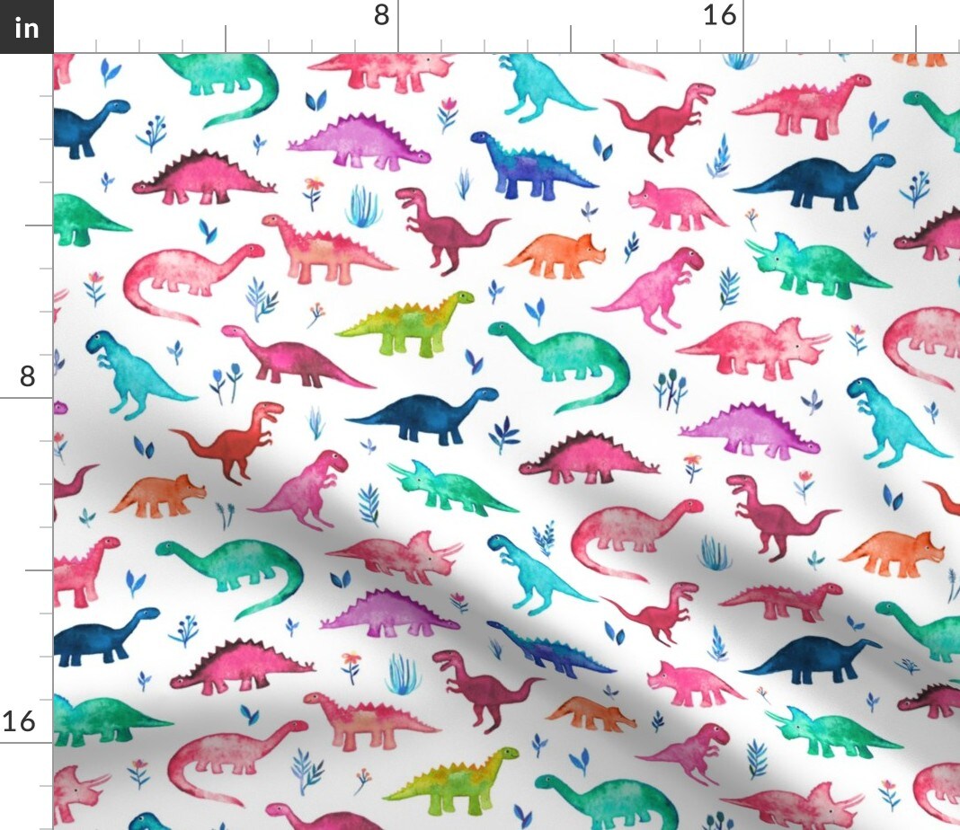 Little Multi Color Dinos White Tiny Dinosaurs Watercolor Custom Printed Fabric by Spoonflower Various Fabrics by the Yard or Fat Quarter