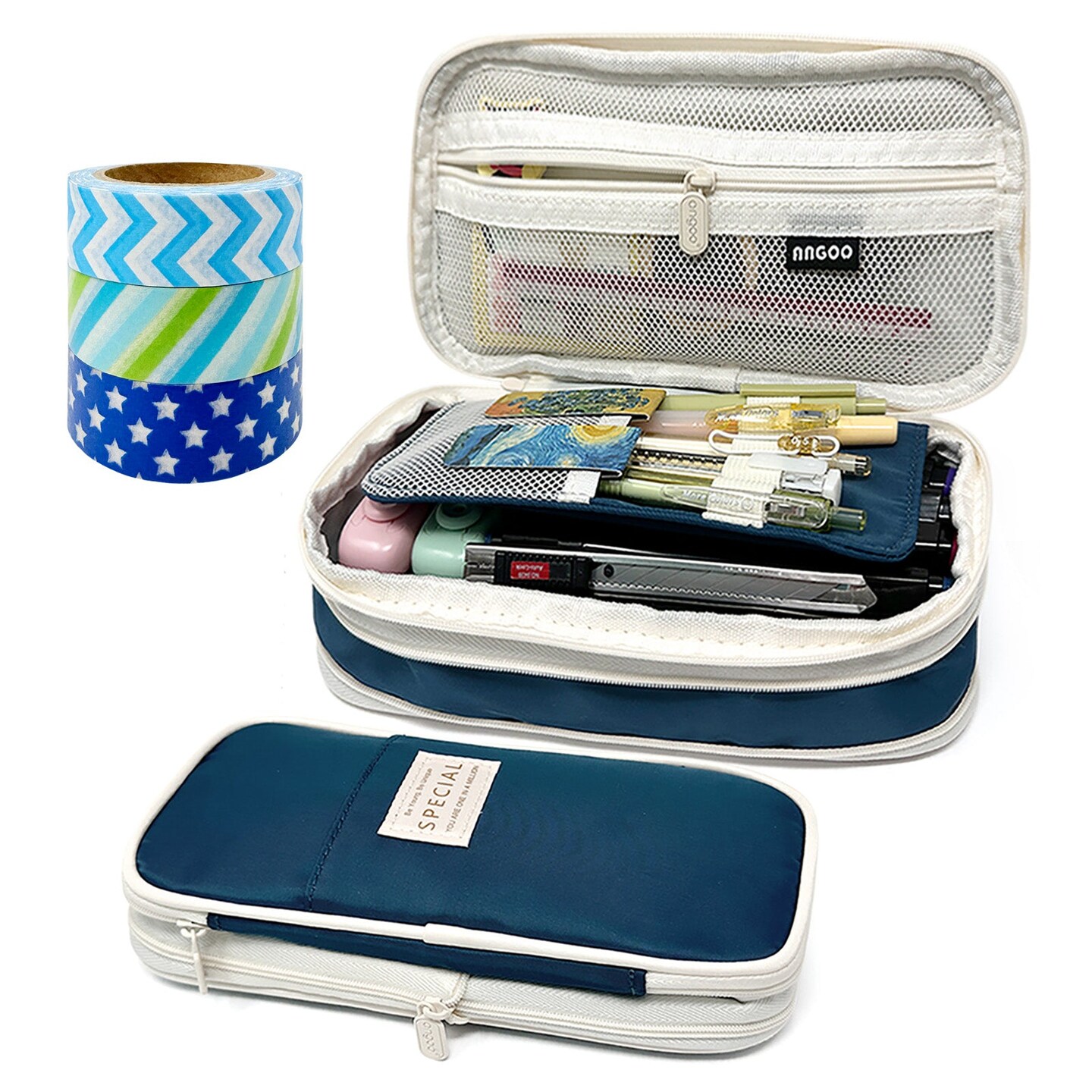 Wrapables Large Capacity Pencil Case, Expandable Pencil Pouch with 3 Washi Rolls, Navy