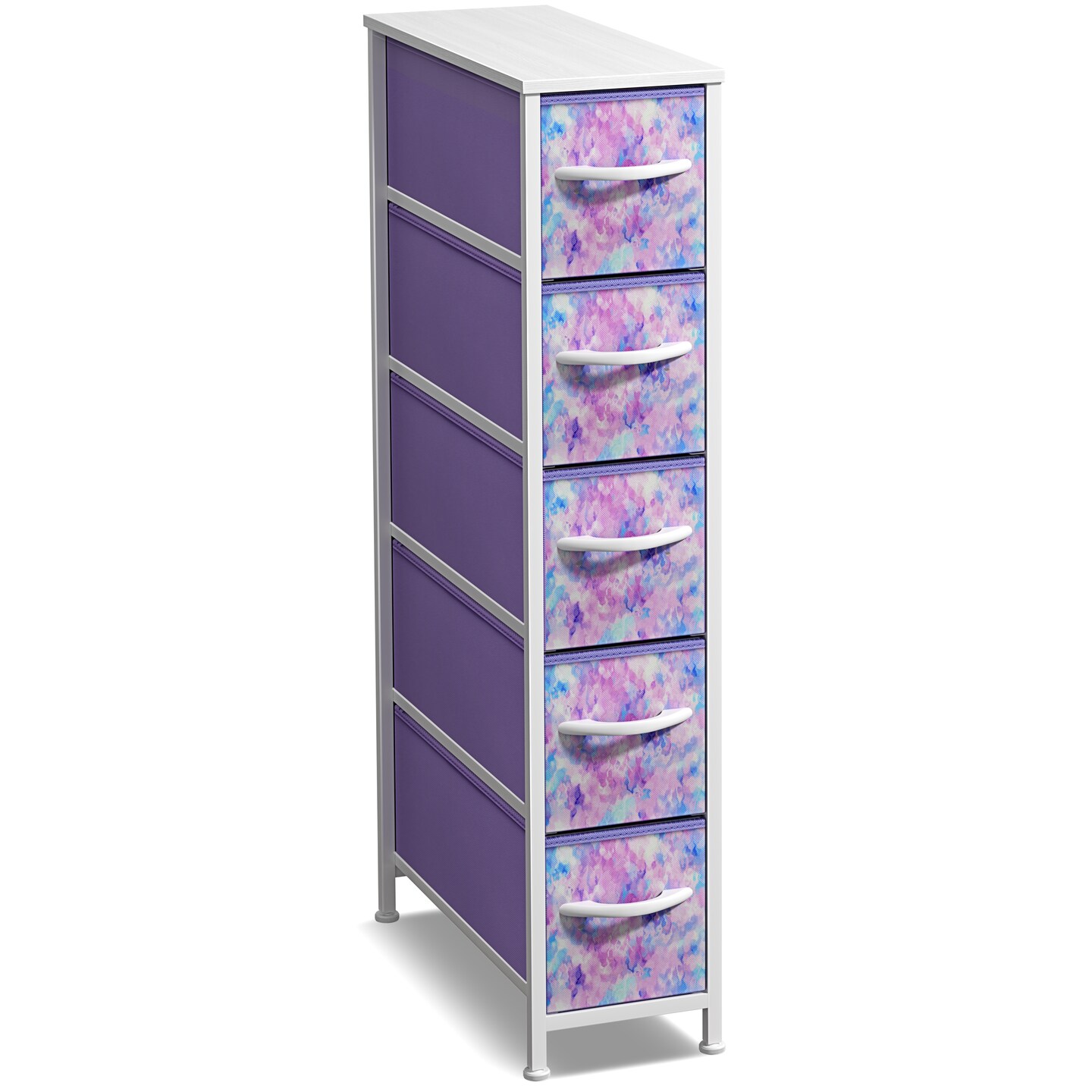 Sorbus Narrow Dresser with 5 Drawers - Steel Frame, Wood Top & Easy Pull Fabric Bins