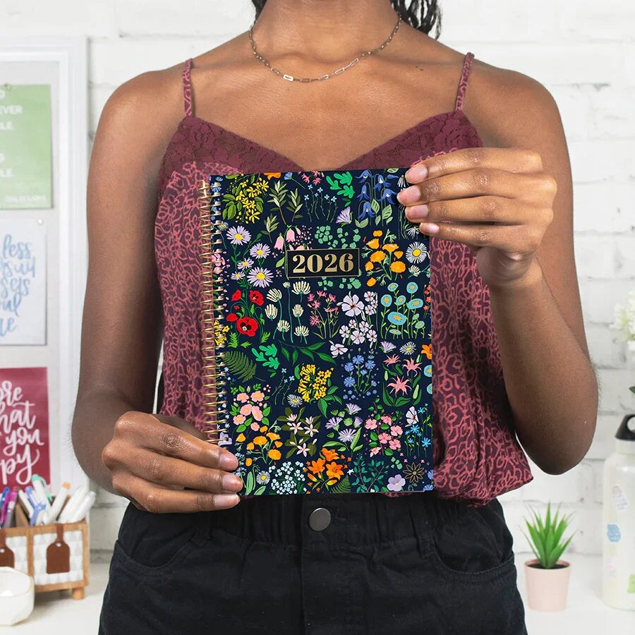 bloom daily planners 2026 Soft Cover Weekly & Monthly Planner, 5.5" x 8.25", Garden Party, Navy