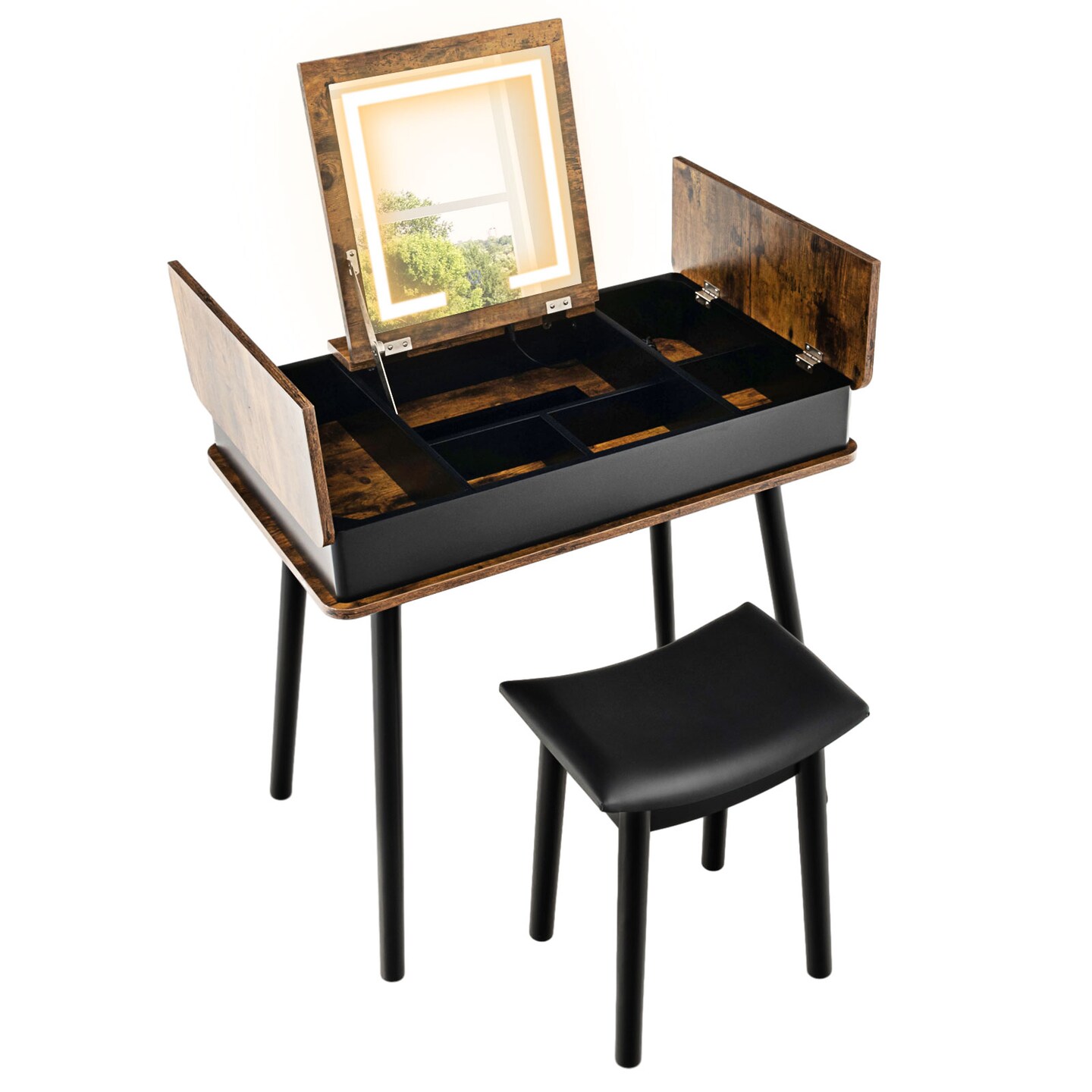 Rustic Brown MDF Pine Wood Vanity Desk with LED Mirror and Stool