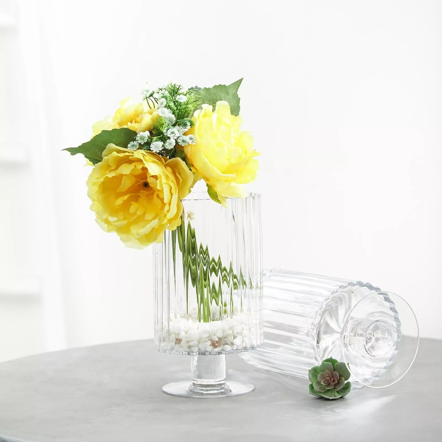 2 pcs 9&#x22; Clear Ribbed Pedestal Glass Vases Wedding Home Centerpieces Decorations