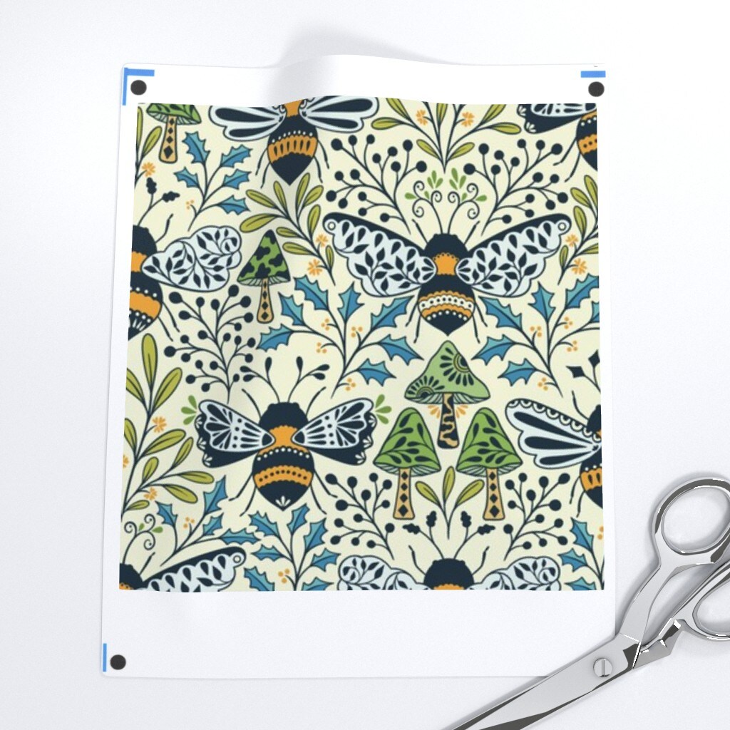 Mushroom Botanical Bumblebee Pollinator Medium Scale Blue Green Gold Custom Removable Wallpaper by Spoonflower Peel & Stick Wallpaper 2FT Wide