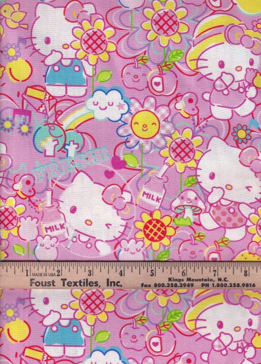 Licensed Character Print - Hello Kitty Garden Doodle Pink Multi Cotton Fabric by the Yard