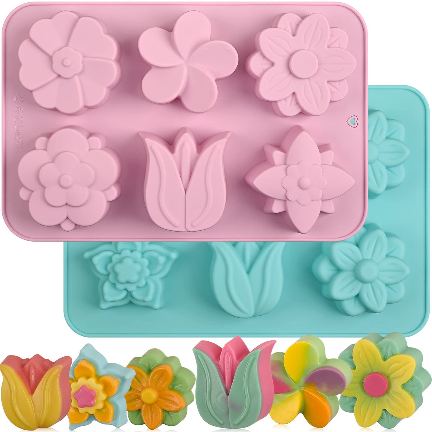 6-Cavity Flower Soap Molds Silicone, 2 Pack Tulip Different Flower Shapes Silicone Molds for Soap, Lotion Bar, Bath Bombs, Chocolate, Candy Baking Molds Jelly, Ice Cube Tray