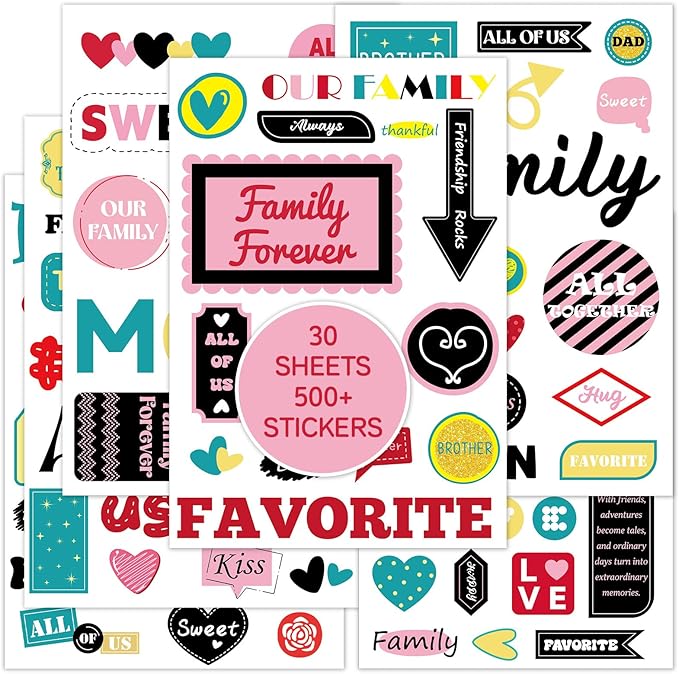 525PCS Family Theme Scrapbooking Stickers – Waterproof Happy Families Decals for Mother’s Day, Scrapbooks, Albums, Bottles, DIY Crafts & Wall Decor, 30 Sheets