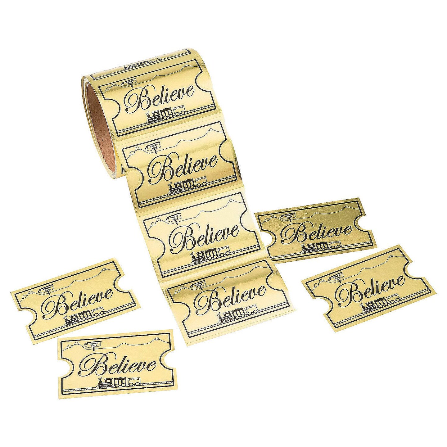 3 1/2&#x22; Jumbo Gold Foil Believe Train Ticket Sticker Roll 100 Pc