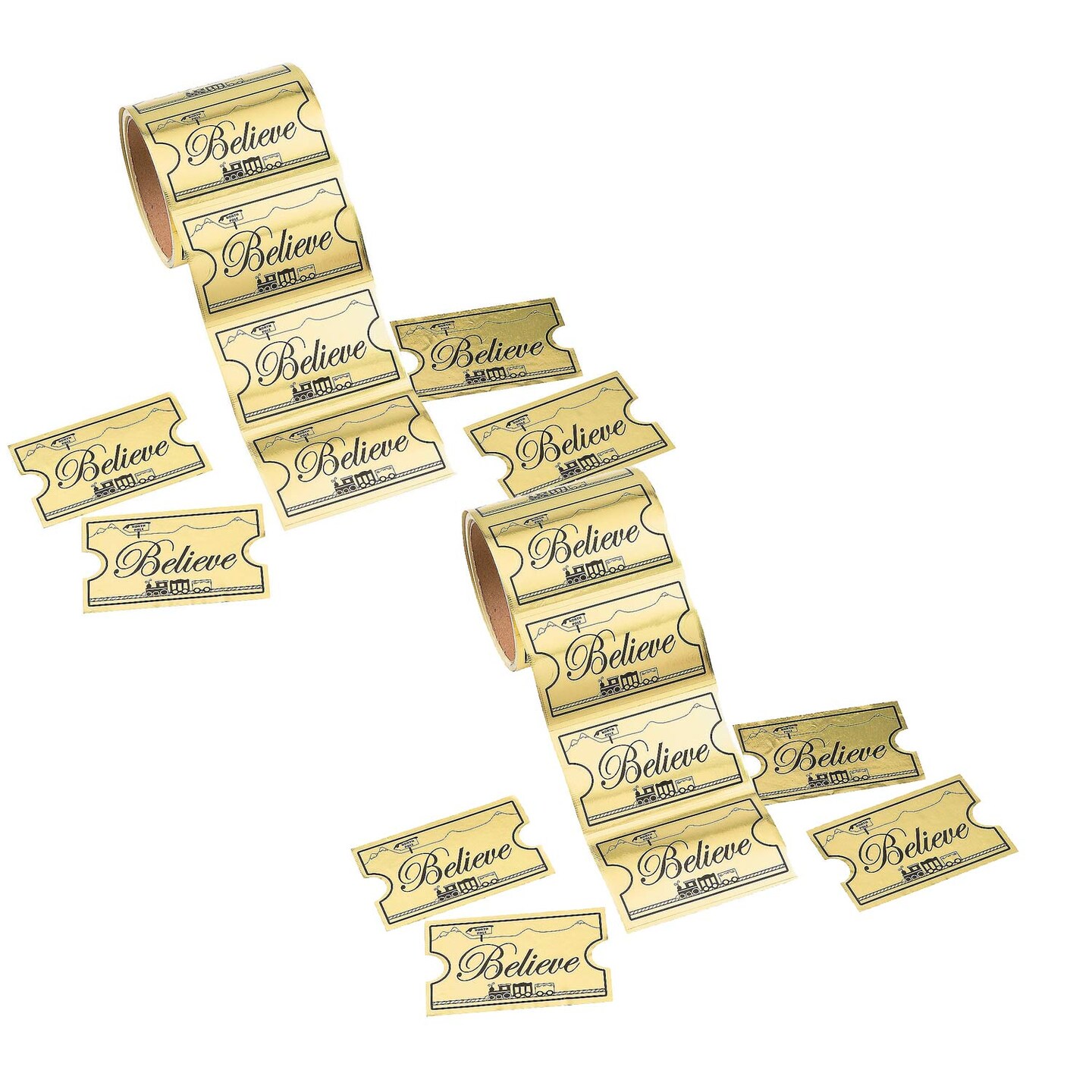 3 1/2&#x22; Jumbo Gold Foil Believe Train Ticket Sticker Roll 100 Pc