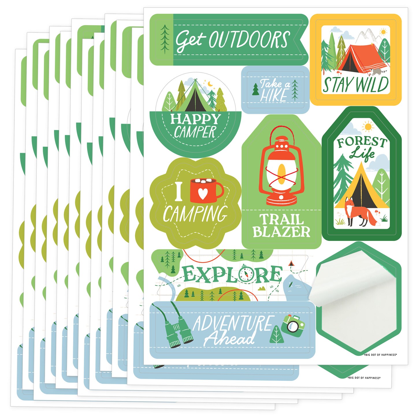 Big Dot of Happiness Camping Favor Sticker Sheet Sets, Happy Camper Party Activity, Kids Birthday Party Favors - 12 Sheets - 120 Stickers