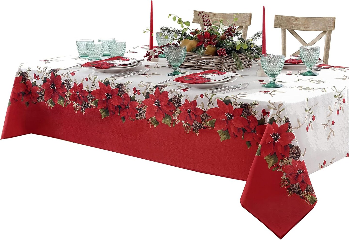 Christmas Blooming Poinsettia&#x2019;s Double Bordered 60 x 102 inch Rectangle Fabric Tablecloth, Holiday Red and White Poinsettia Dining Table Cover