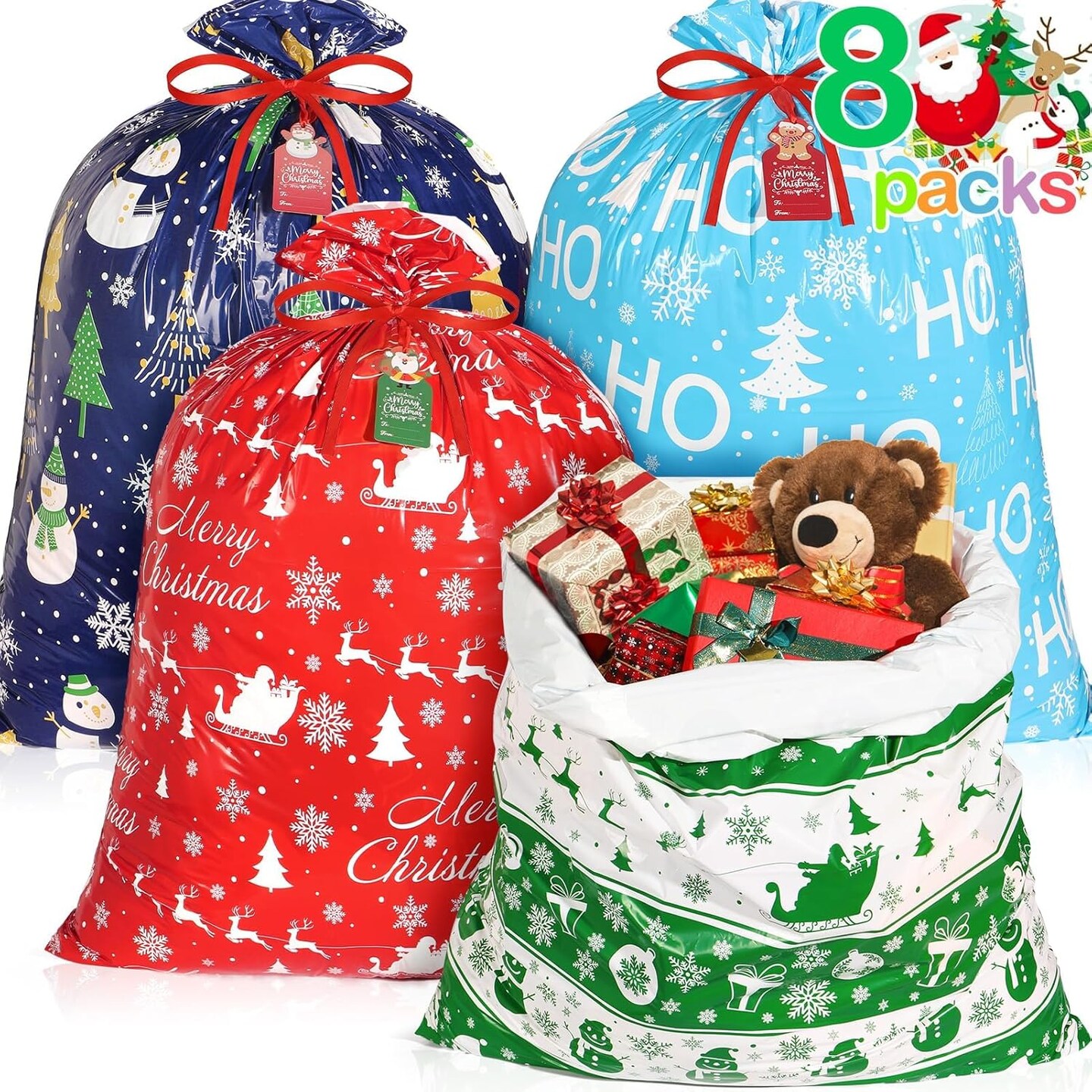 8 PCS Extra Large Christmas Gift Bags With Tags &#x26; Strings, 44&#x22;X36&#x22; Jumbo Christmas Gift Bags Large Size for Giant Gifts, Plastic Gift Wrapping Bags Xmas Holiday Party Favor Decoration Supplies
