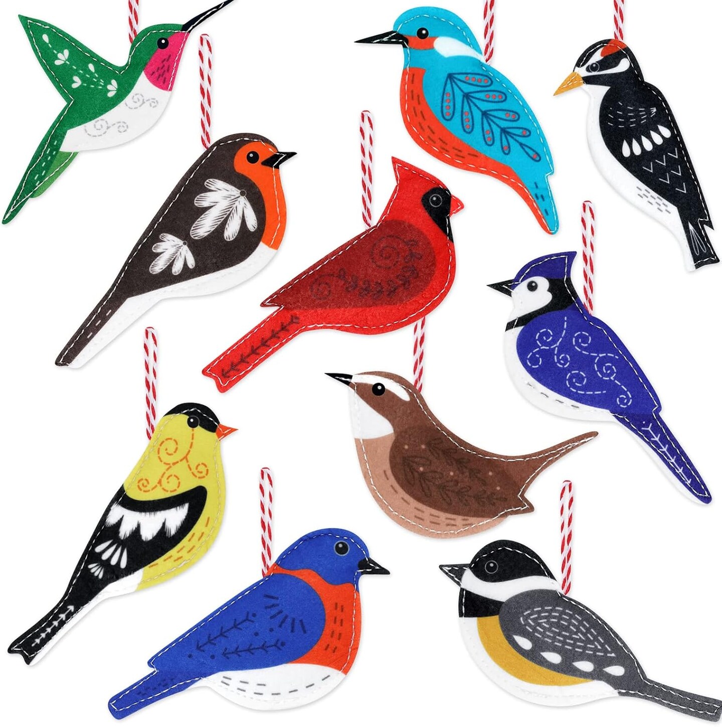 Felt Birds Ornaments Kit Christmas Tree Woodpecker Cardinal Goldfinch Fabric Stuffed Hanging Decor Winter Tags Basket Stuffer Set of 10