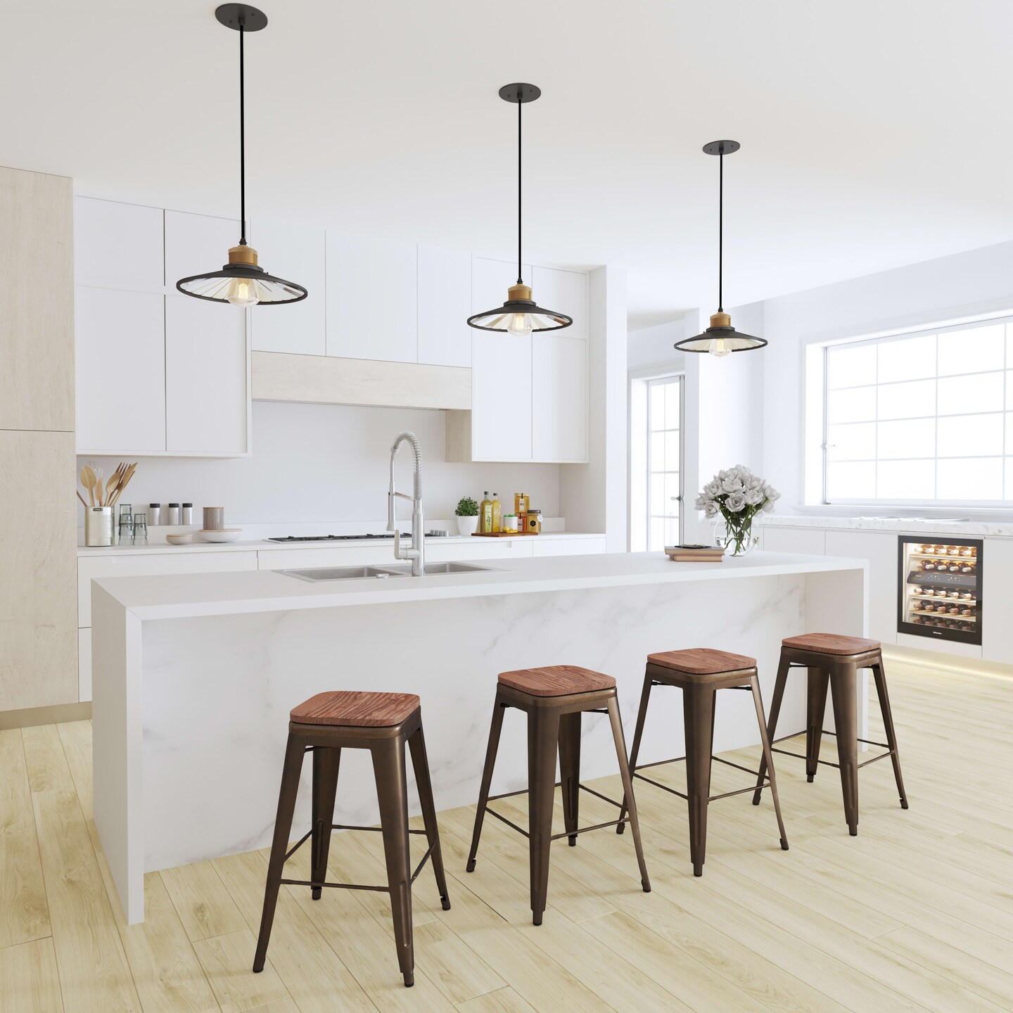Merrick Lane Brooklyn 24 Inch Tall Stackable Metal Bar Counter Stool With Textured Elm Wood Seat In Set Of 4