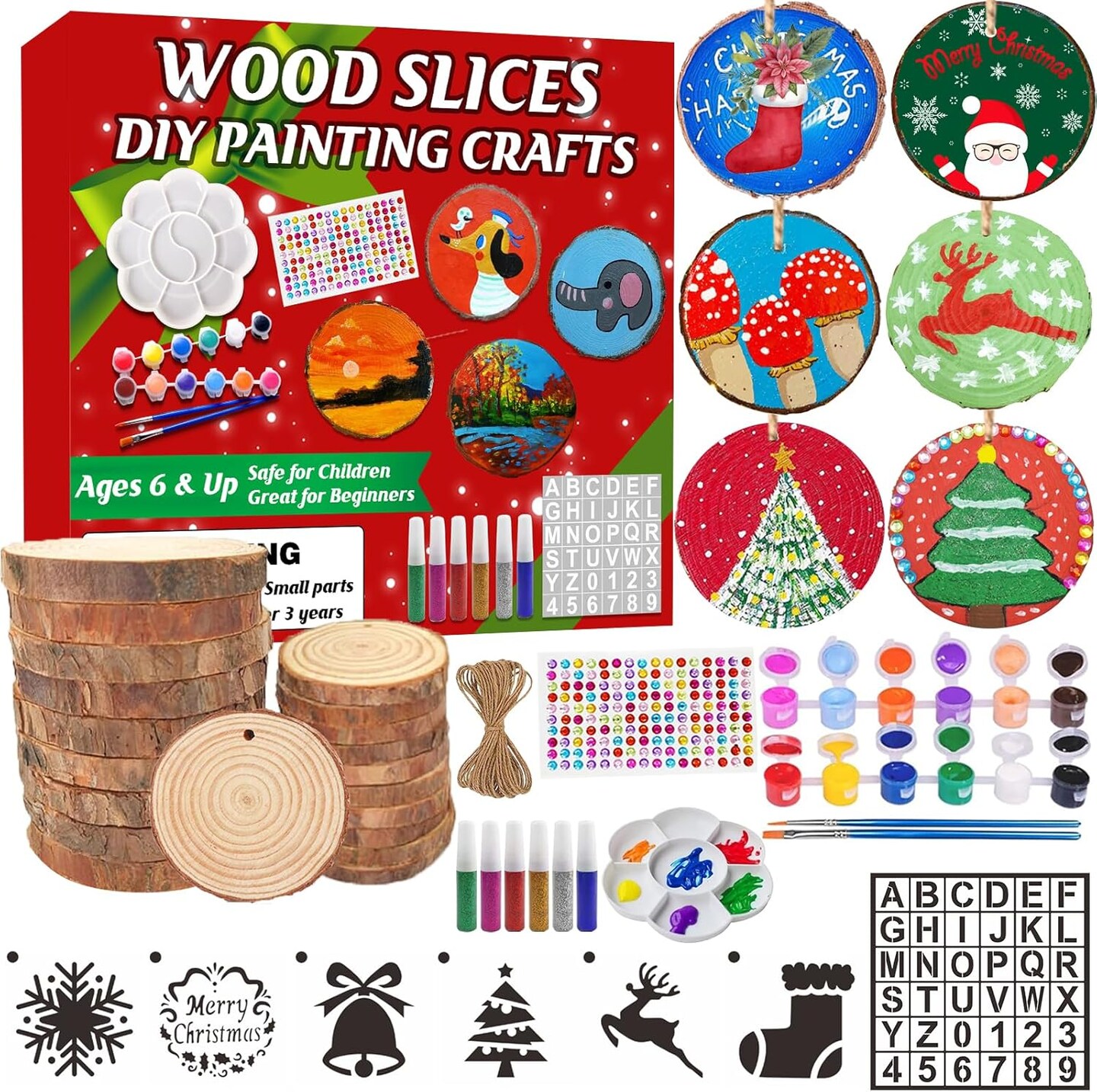 Natural Wood Slices, Wooden Arts and Crafts Kits for Kids Adults, 20PCS Unfinished Wood Slices Painting kit with Letter Numbers Xmas Stencils, Wooden Christmas Ornaments DIY Crafts