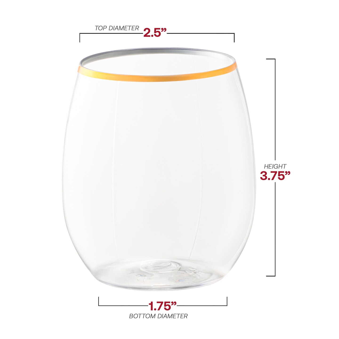 Clear with Gold Elegant Stemless Plastic Wine Glasses - 12 oz. (64 Glasses)